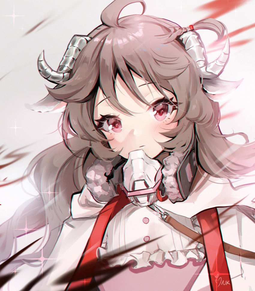 1girl ahoge ankkoyom arknights blush braid brown_hair eyjafjalla_(arknights) frills goat_horns highres horns long_hair looking_at_viewer solo violet_eyes