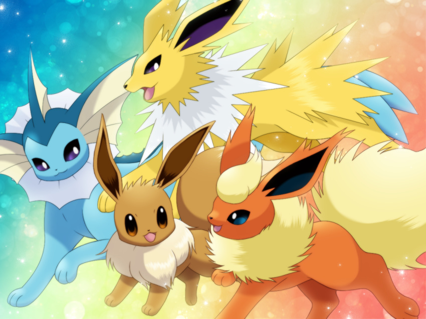 :d blue_eyes brown_eyes commentary_request creature eevee english_commentary eye_contact flareon gen_1_pokemon happy jolteon looking_at_another maiko_(mimi) no_humans open_mouth pokemon pokemon_(creature) rainbow_background smile spikes vaporeon violet_eyes walking
