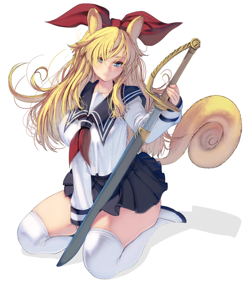 1girl animal_ears blonde_hair blue_eyes blue_skirt bow breasts collarbone covered_nipples full_body hair_bow highres large_breasts long_hair masao miniskirt original over-kneehighs pleated_skirt red_bow revision scabbard school_uniform seiza sheath shoes sitting skirt smile solo sword tail thigh-highs thighs unsheathing uwabaki weapon white_background white_legwear