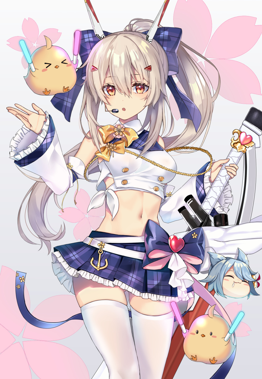 &gt;_&lt; 1girl :o absurdres aiguillette anchor animal_ears ayanami_(azur_lane) ayanami_(troubled_star_idol)_(azur_lane) azur_lane bangs bare_shoulders bell belt blue_hair blush_stickers bow breasts buttons commentary_request cowboy_shot crop_top detached_sleeves earpiece eyebrows_visible_through_hair floral_background frilled_skirt frilled_sleeves frills fubuki_(azur_lane) glowstick hair_between_eyes hair_bow head_only headgear heart high_ponytail highres holding holding_glowstick holding_sword holding_weapon idol long_hair looking_at_viewer manjuu_(azur_lane) medium_breasts midriff miniskirt mkichi navel orange_eyes plaid plaid_bow plaid_skirt platinum_blonde_hair ponytail purple_bow saliva sarashi shirt sidelocks skirt sleeveless sleeveless_shirt solo_focus standing swept_bangs sword thigh-highs w_arms weapon white_background white_belt white_legwear white_shirt white_sleeves wide_sleeves yellow_bow zettai_ryouiki |3