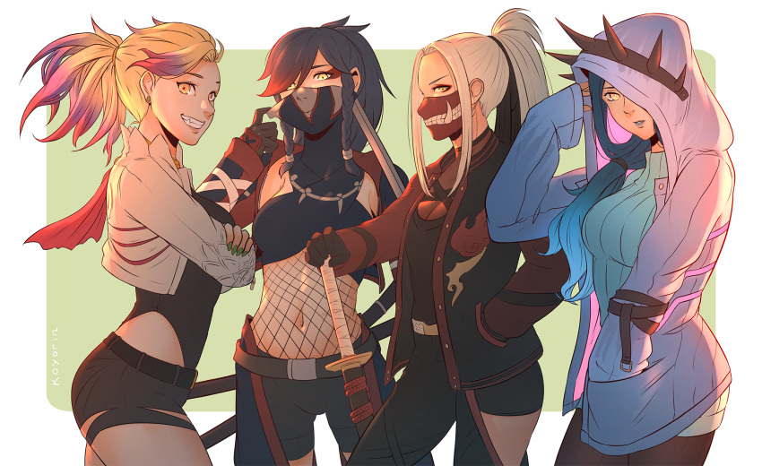 4girls artist_name belt black_hair blonde_hair blue_hair braid breasts clenched_teeth commentary denim denim_shorts earrings face_mask gloves grin hand_in_pocket highres hood hooded_jacket jacket jewelry koyorin long_hair looking_at_viewer mask monster_hunter monster_hunter:_world multicolored_hair multiple_girls nail_polish nargacuga_(armor) navel odogaron_(armor) pocket ponytail ribbed_sweater sheath shorts smile sweater tagme teeth thighs twin_braids xeno'jiiva_(armor) yellow_eyes