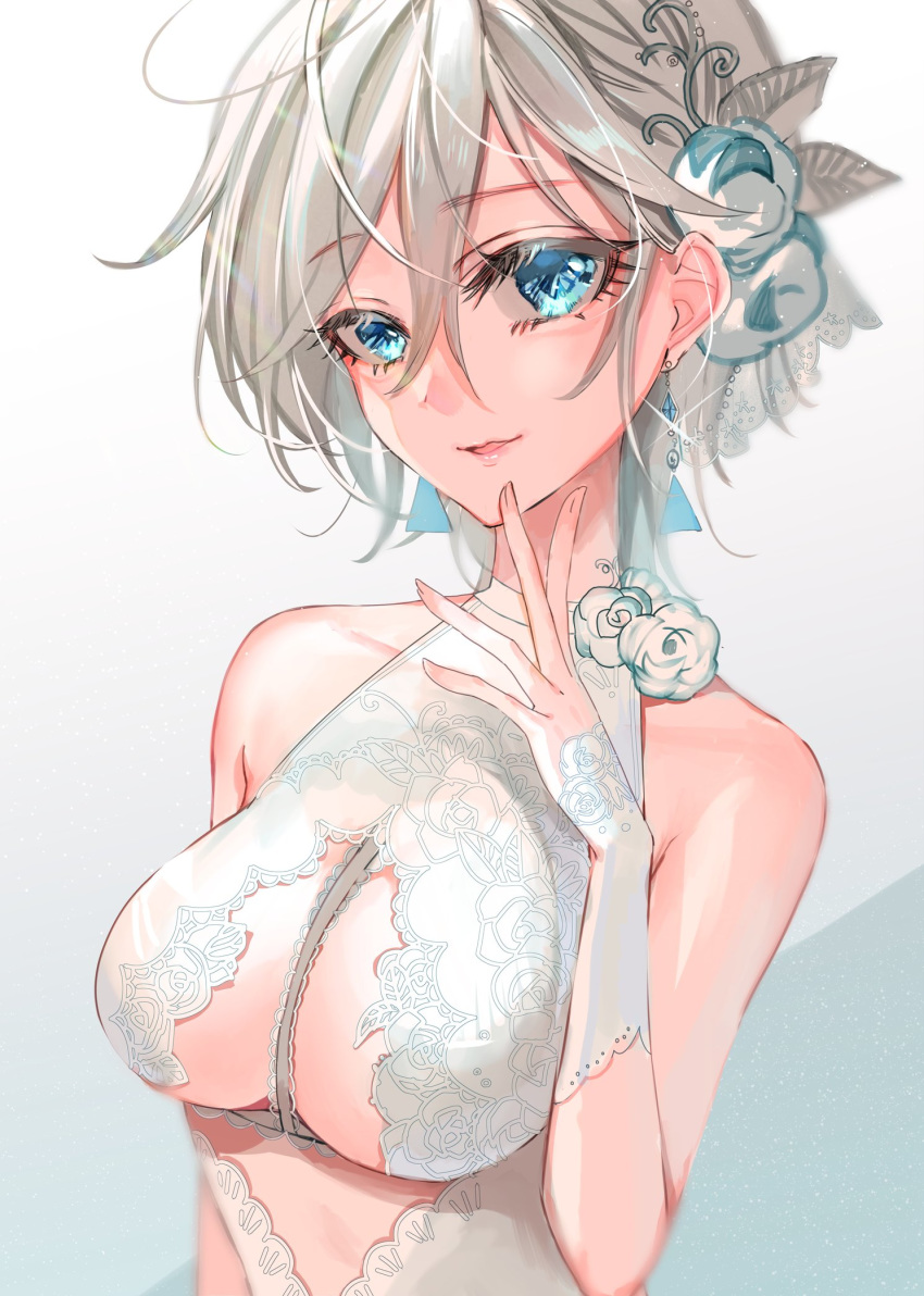 1girl anastasia_(idolmaster) bangs blue_eyes breast_strap breasts cleavage_cutout dress earrings eyebrows_visible_through_hair fingerless_gloves floral_dress floral_print flower gloves gradient gradient_background grey_hair hair_between_eyes hair_flower hair_ornament highres idolmaster idolmaster_cinderella_girls jewelry lace lace_gloves looking_at_viewer medium_breasts open_mouth rum_raisin_(chihiromakita19) short_hair sleeveless smile smug solo upper_body white_dress white_flower white_gloves