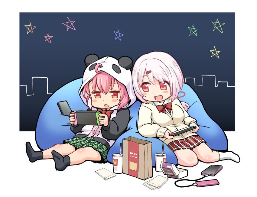 2girls ahoge animal_hood bag bean_bag_chair blush_stickers bow brand_name_imitation cellphone charging_device chibi commentary_request container drinking_straw hair_ornament hairclip haniwa_(leaf_garden) highres hood hood_up hoodie mcdonald's multiple_girls nijisanji nintendo nintendo_switch open_mouth orange_eyes panda_hood paper_bag phone pink_hair plaid pleated_skirt sasaki_saku shiina_yuika short_hair sitting skirt smartphone smile socks star sweater virtual_youtuber white_hair