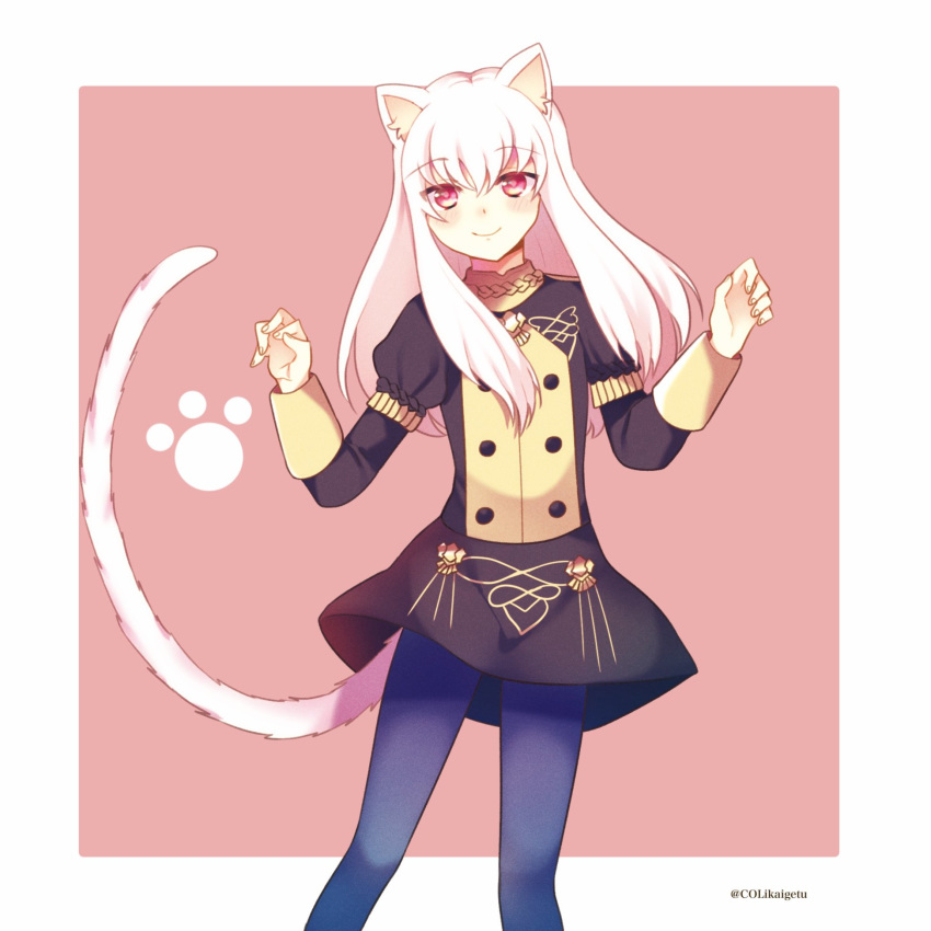 1girl animal_ears blue_legwear cat_ears cat_tail closed_mouth colikaigetu fire_emblem fire_emblem:_three_houses garreg_mach_monastery_uniform highres long_hair long_sleeves lysithea_von_ordelia pantyhose pink_background pink_eyes simple_background smile solo tail twitter_username uniform white_hair