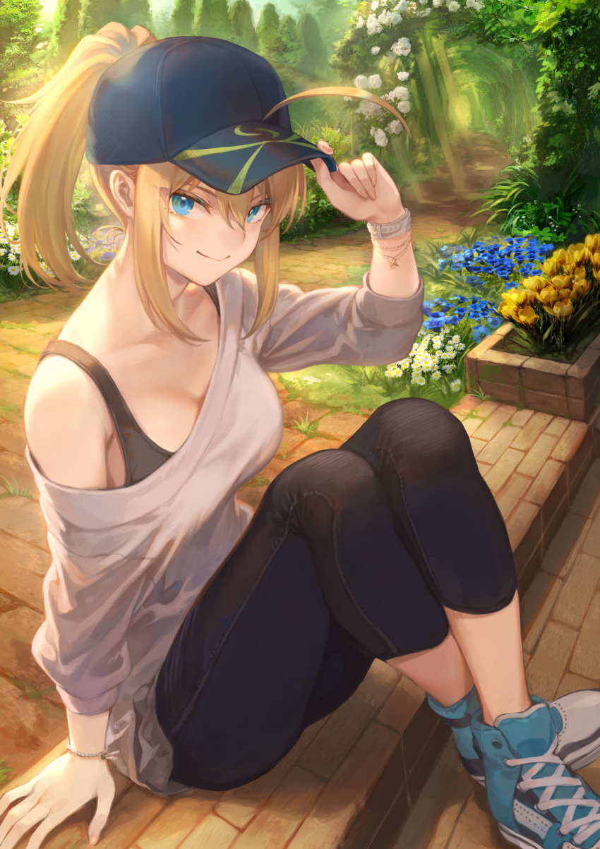 1girl adjusting_headwear ahoge arm_support artoria_pendragon_(all) baseball_cap bellflower black_bra black_pants blonde_hair blouse blue_eyes blue_flower blue_footwear bra bra_strap bracelet breasts brick capri_pants colored_eyelashes commentary cross-laced_footwear crossed_ankles daisy day fate/grand_order fate_(series) fingernails floral_arch flower hair_between_eyes hair_through_headwear hat highres jewelry legs_together light_rays long_hair looking_at_viewer mashuu_(neko_no_oyashiro) medium_breasts mysterious_heroine_xx_(foreigner) off-shoulder_blouse off_shoulder on_ground outdoors pale_skin pants path plant ponytail rose shoes sidelocks sitting smile sneakers solo sports_bra sunbeam sunlight tulip underwear watch watch white_blouse white_flower white_rose yellow_tulip