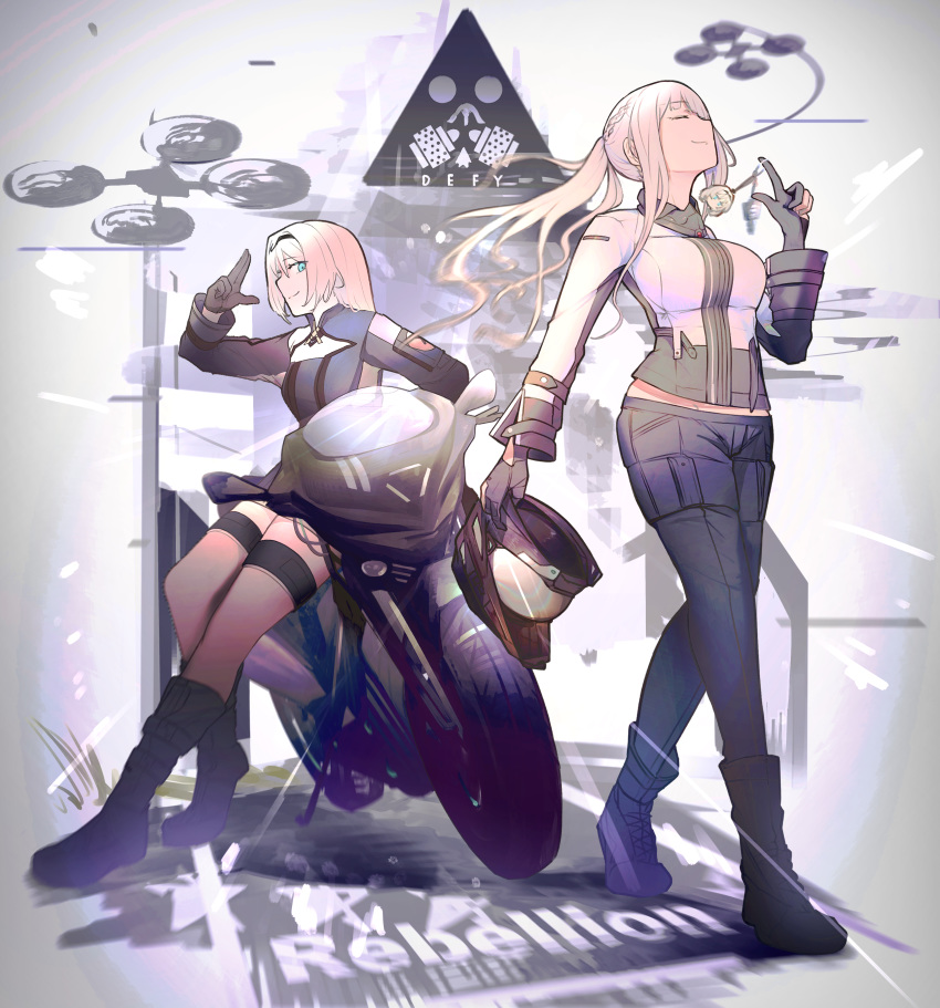 2girls absurdres ak-12_(girls_frontline) amirun an-94_(girls_frontline) biker_clothes bikesuit black_footwear black_gloves black_hairband blue_pants braid breasts closed_eyes closed_mouth commentary_request defy_(girls_frontline) french_braid girls_frontline gloves green_eyes ground_vehicle hairband headwear_removed helmet helmet_removed high_ponytail highres index_finger_raised keychain large_breasts leaning_against_motorcycle long_hair looking_to_the_side midriff motor_vehicle motorcycle motorcycle_helmet multiple_girls pants partly_fingerless_gloves platinum_blonde_hair ponytail sidelocks silver_hair tactical_clothes thigh_strap