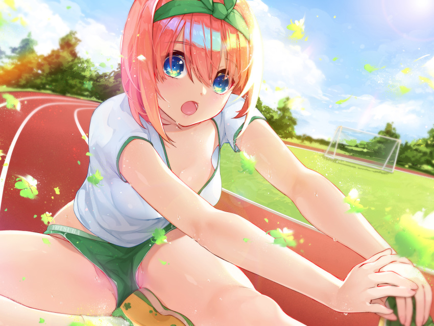 1girl :o bangs bare_legs blue_eyes blue_sky blush breasts character_name clothes_writing clover collarbone day downblouse eyebrows_visible_through_hair four-leaf_clover go-toubun_no_hanayome green_hairband green_ribbon green_shorts gym_shirt gym_shorts gym_uniform hair_between_eyes hair_ribbon hairband highres looking_at_viewer medium_breasts nakano_yotsuba open_mouth orange_hair outdoors own_hands_together panties ribbon shirt short_hair short_sleeves shorts sitting sky soccer_field socks solo stretch track_and_field tree underwear upshorts waterring white_legwear white_panties white_shirt wind yellow_footwear