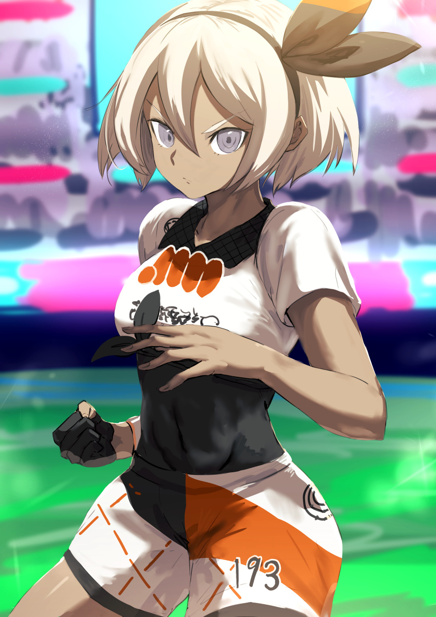 1girl absurdres bangs black_bodysuit black_gloves black_hairband black_ribbon blurry blurry_background bodysuit bodysuit_under_clothes breasts closed_mouth covered_navel crop_top dark_skin depth_of_field front-tie_top gloves gym_leader hair_between_eyes hair_ribbon hairband highres kumamoto_nomii-kun looking_at_viewer medium_breasts partly_fingerless_gloves pokemon pokemon_(game) pokemon_swsh ribbon saitou_(pokemon) shirt short_hair short_shorts short_sleeves shorts single_glove solo tied_shirt v-shaped_eyebrows violet_eyes white_hair white_shirt white_shorts