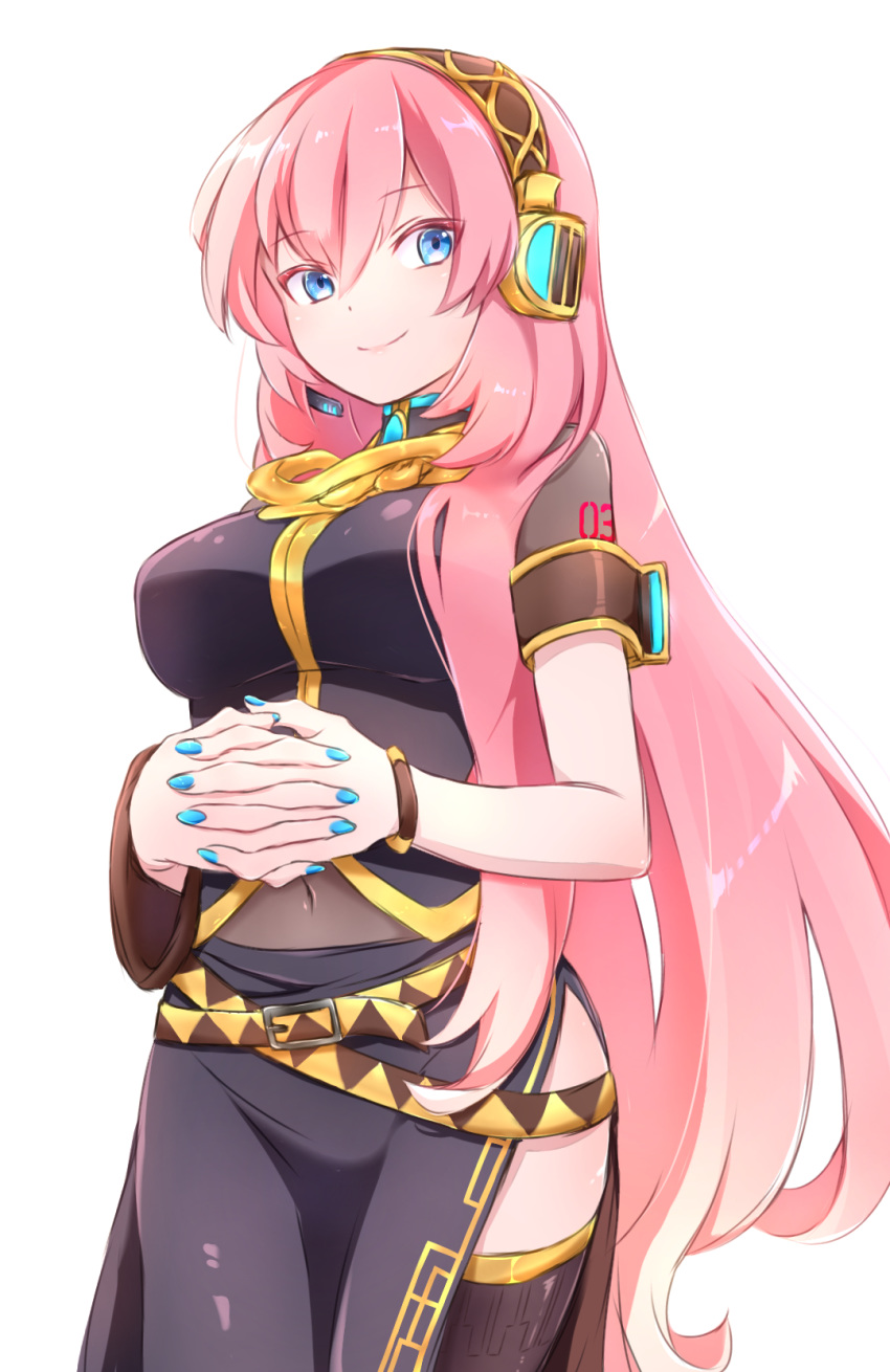 1girl amulet armband belt black_shirt black_skirt blue_eyes blue_nails breasts commentary cowboy_shot gold_trim hands_together headphones headset highres kkr_rkgk long_hair looking_at_viewer medium_breasts megurine_luka microphone midriff nail_polish navel neon_trim pink_hair see-through shirt shoulder_tattoo side_slit skirt smile solo tattoo thigh-highs very_long_hair vocaloid white_background