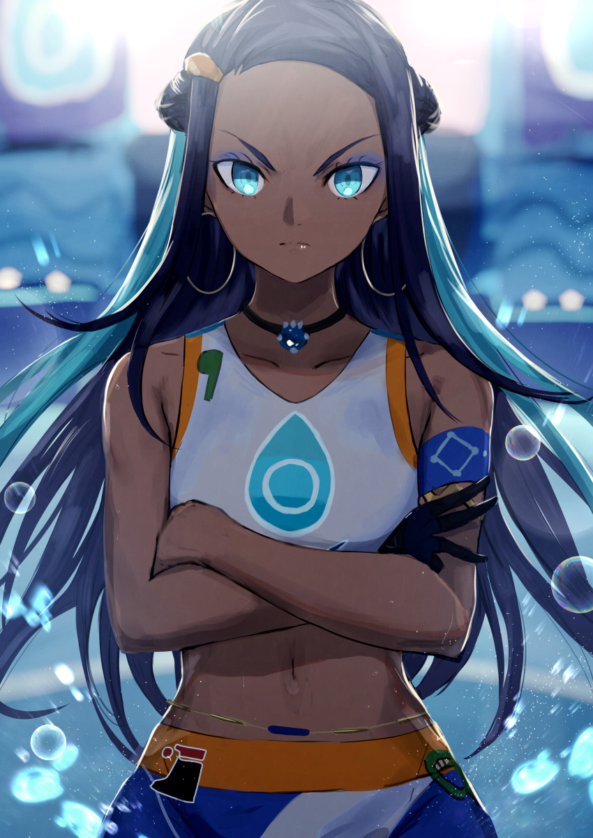 &gt;:( 1girl absurdres bare_shoulders black_choker black_gloves blue_eyes blue_eyeshadow blue_hair blurry blurry_background braid breasts choker closed_mouth collarbone crossed_arms depth_of_field earrings eyeshadow forehead gloves gym_leader hair_ornament hairclip highres hoop_earrings huge_filesize jewelry kumamoto_nomii-kun light_frown long_hair makeup midriff multicolored_hair navel pokemon pokemon_(game) pokemon_swsh purple_hair rurina_(pokemon) serious single_glove small_breasts solo swimsuit tankini two-tone_hair v-shaped_eyebrows very_long_hair water_drop