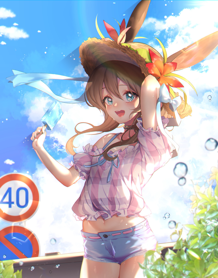 1girl :d alternate_costume amiya_(arknights) animal_ears arknights arm_up bangs bare_shoulders black_choker blue_bow blue_eyes blue_ribbon blue_shorts blush bow bra_strap brown_hair brown_headwear casual choker collarbone commentary cowboy_shot day denim denim_shorts ears_through_headwear flower food frilled_shirt frilled_sleeves frills hat hat_flower hibiscus highres holding holding_food jewelry leaf long_hair looking_at_viewer midriff navel off-shoulder_shirt off_shoulder open_mouth outdoors pink_shirt plaid plaid_shirt popsicle rabbit_ears red_flower ribbon rimsuk ring road_sign shirt short_shorts short_sleeves shorts sign smile solo straw_hat suitcase symbol_commentary water_drop