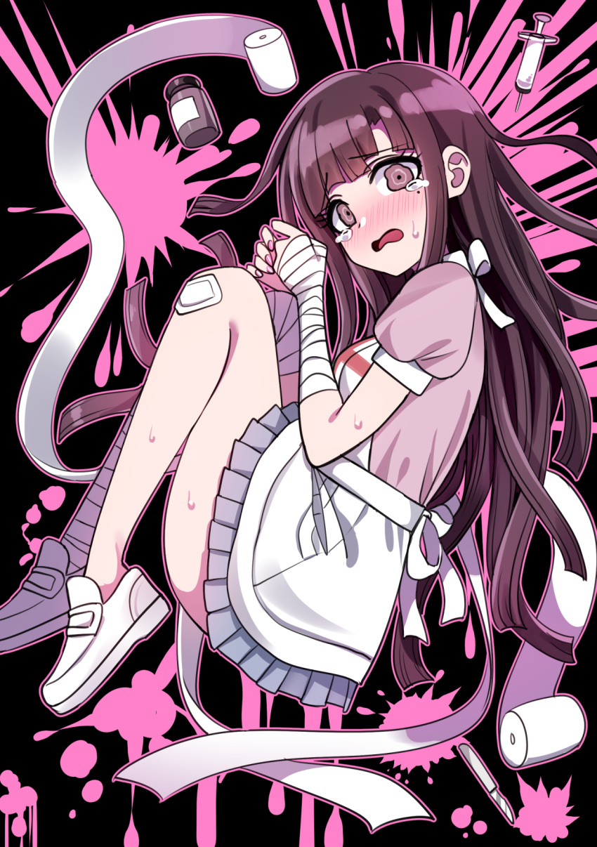 1girl apron bandaged_arm bandaged_leg bandages bangs black_background blush bottle breasts brown_eyes brown_hair cross dangan_ronpa deadnooodles dress eyebrows_visible_through_hair frilled_apron frills highres knees_up loafers long_hair looking_at_viewer no_socks nose_blush open_mouth pink_dress puffy_short_sleeves puffy_sleeves shoes short_sleeves small_breasts solo super_dangan_ronpa_2 sweat syringe tears tsumiki_mikan very_long_hair wavy_eyes wavy_mouth white_apron white_footwear