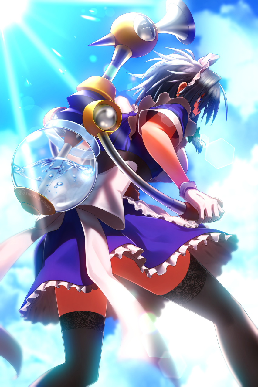 1girl absurdres blue_eyes breasts clouds commentary_request corset f.l.u.d.d. from_behind gloves greenkohgen grey_hair highres izayoi_sakuya lens_flare maid maid_headdress super_mario_bros. short_sleeves solo sunlight super_mario_sunshine thigh-highs touhou twitter_username water white_gloves zettai_ryouiki