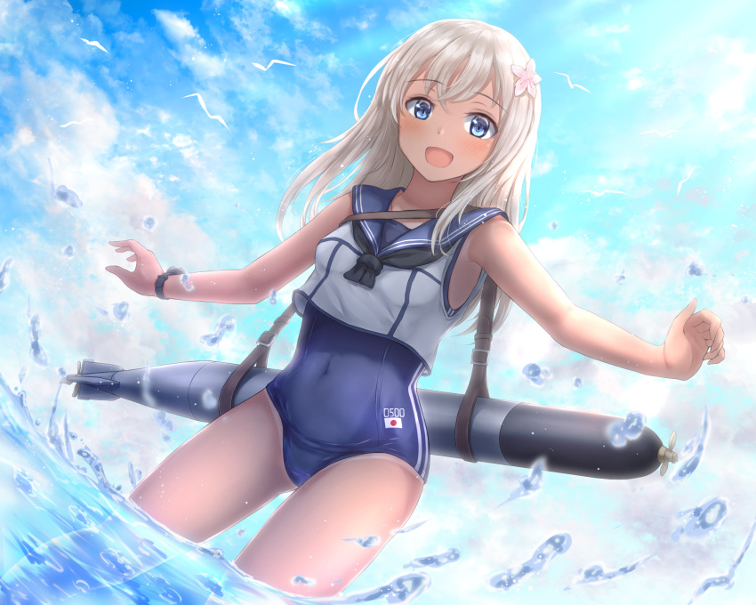 1girl :d absent black_sailor_collar black_swimsuit blonde_hair blue_eyes blush commentary_request flower hair_between_eyes hair_flower hair_ornament highres kantai_collection long_hair ocean open_mouth partially_submerged pink_flower ro-500_(kantai_collection) sailor_collar sailor_shirt shirt sleeveless sleeveless_shirt smile solo swimsuit swimsuit_under_clothes torpedo water