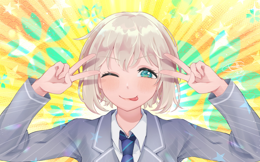 1girl ;p aoba_moca bang_dream! bangs blue_eyes blush bob_cut collared_shirt commentary dated double_v drop_shadow egasumi emotional_engine_-_full_drive emphasis_lines eyebrows_visible_through_hair fate/grand_order fate_(series) floral_background green_background grey_hair grey_jacket hands_up haneoka_school_uniform highres jacket light_rays looking_at_viewer multicolored multicolored_background necktie one_eye_closed orange_background parody school_uniform shachiku_niku shirt short_hair sidelocks signature smile solo sparkle star starry_background striped striped_neckwear symbol_commentary tongue tongue_out upper_body v v_over_eye white_shirt yellow_background
