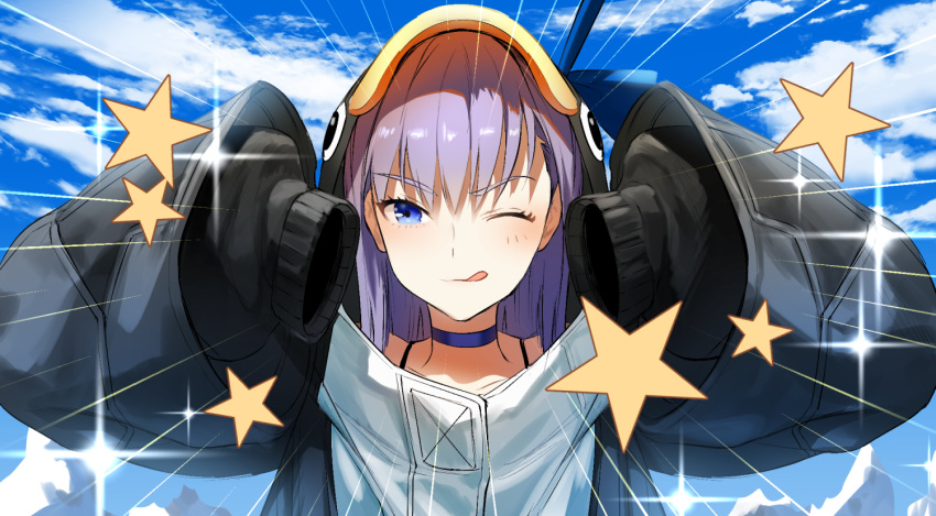 1girl animal_hood bangs black_jacket blue_bow blue_choker blue_eyes blue_sky blush boba bow breasts choker closed_mouth emotional_engine_-_full_drive fate/grand_order fate_(series) hair_between_eyes hands_up hood hood_up jacket licking_lips long_hair long_sleeves looking_at_viewer meltryllis meltryllis_(swimsuit_lancer)_(fate) one_eye_closed parody penguin_hood purple_hair sky sleeves_past_fingers sleeves_past_wrists smile sparkle star tongue tongue_out