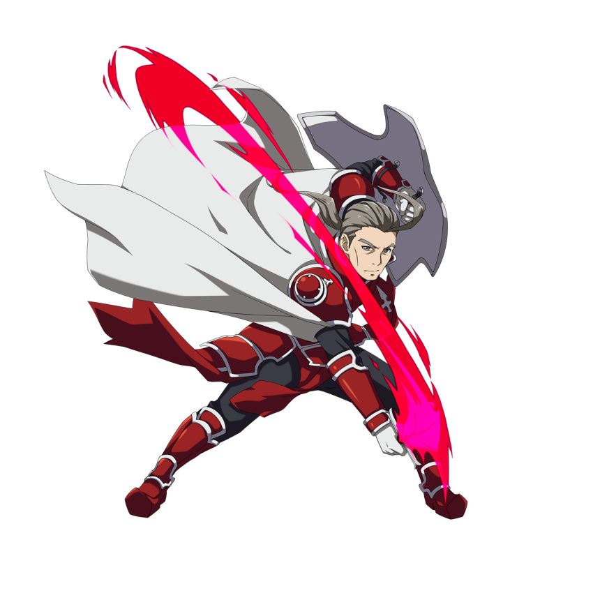 1boy armored_boots black_pants boots cape closed_mouth faulds gloves grey_eyes heathcliff highres holding holding_shield holding_sword holding_weapon looking_at_viewer male_focus official_art pants red_footwear shield shoulder_armor silver_hair solo spaulders sword sword_art_online transparent_background weapon white_cape white_gloves