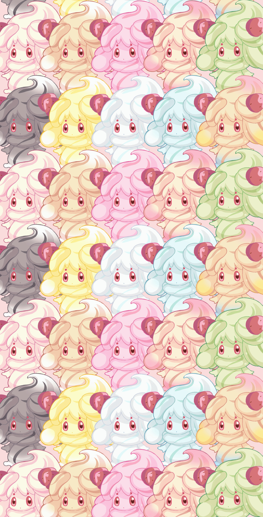 absurdres alcremie alternate_color brown_background closed_mouth food fruit gen_8_pokemon heart heart-shaped_pupils highres looking_at_viewer no_humans pikomarie pokemon pokemon_(creature) red_eyes simple_background strawberry symbol-shaped_pupils too_many