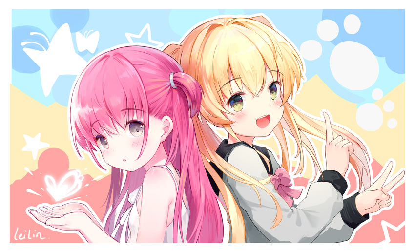 2girls :d :o artist_name bangs bare_arms bare_shoulders blonde_hair blush bow brown_eyes commentary_request dress eyebrows_visible_through_hair grey_eyes grey_shirt hair_between_eyes hands_up heart index_finger_raised katou_umi leilin long_sleeves looking_at_viewer looking_to_the_side multiple_girls one_side_up open_mouth outline parted_lips pink_bow pink_hair shirt signature sleeveless sleeveless_dress smile star summer_pockets tsumugi_wenders twintails upper_body v white_dress white_outline