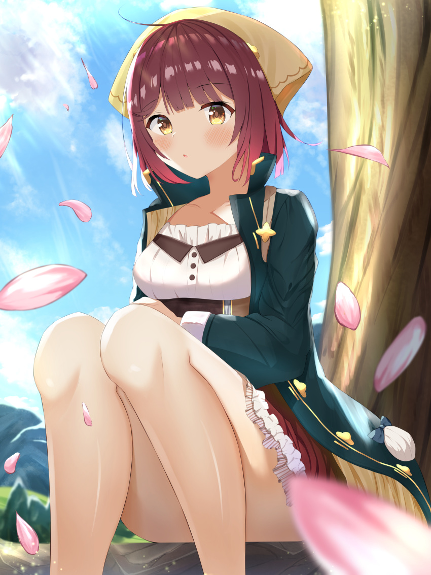 1girl absurdres atelier_(series) atelier_sophie bare_legs blue_coat blush breasts brown_hair convenient_leg corset day firin frilled_skirt frills head_scarf highres knees_up legs looking_at_viewer medium_breasts open_mouth outdoors petals red_skirt redhead short_hair sitting skirt solo sophie_neuenmuller sunlight thighs upskirt yellow_eyes