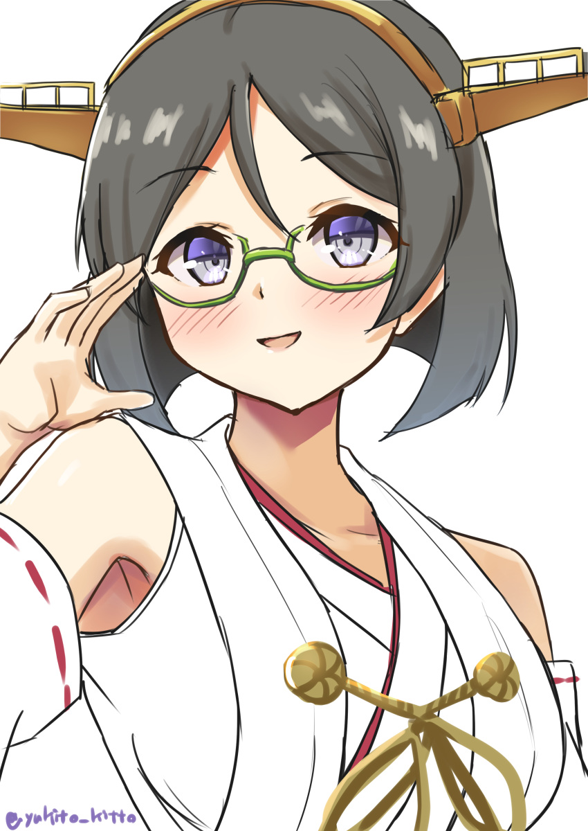 1girl absurdres adjusting_eyewear black_hair blue_eyes commentary_request detached_sleeves glasses green-framed_eyewear hairband headgear highres kantai_collection kirishima_(kantai_collection) ribbon-trimmed_sleeves ribbon_trim short_hair simple_background smile solo twitter_username upper_body white_background yukito_kitto