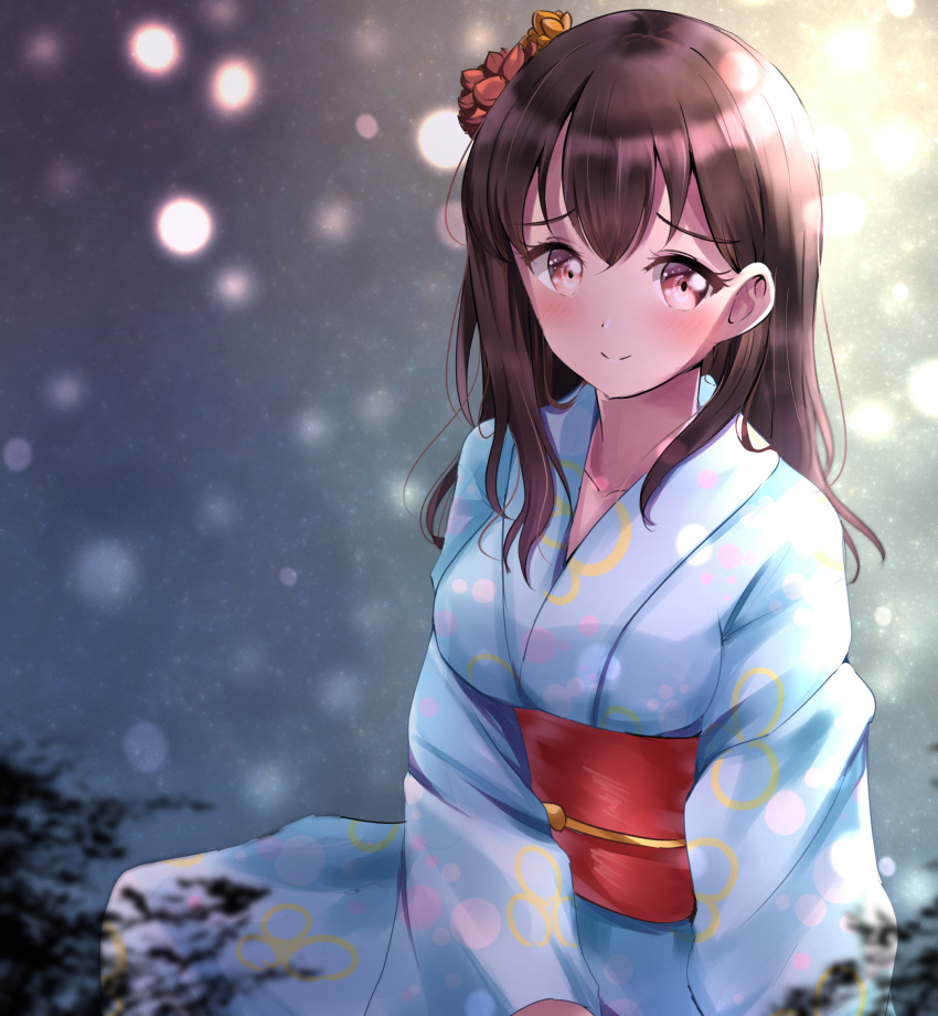 1girl bangs blue_kimono blush brown_eyes brown_hair commentary_request flower hair_flower hair_ornament highres japanese_clothes kimono long_hair obi orange_flower original outdoors red_flower sash sin_(sin52y) sitting smile snowing solo yukata