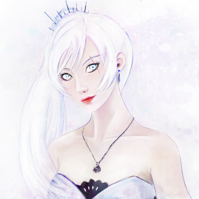 1girl abrea absurdres blue_eyes floating_hair highres huge_filesize long_hair looking_at_viewer portrait rwby scar scar_across_eye side_ponytail silver_hair simple_background solo very_long_hair weiss_schnee white_hair