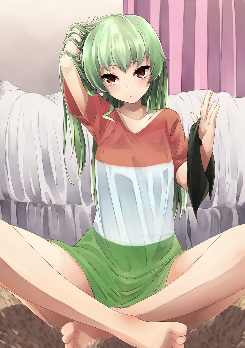 alternate_hairstyle anchovy_(girls_und_panzer) bare_legs bedroom black_ribbon casual girls_und_panzer green_hair hair_down highres holding holding_hair indian_style indoors kakimoto_nao long_hair long_shirt red_eyes ribbon sitting tying_hair