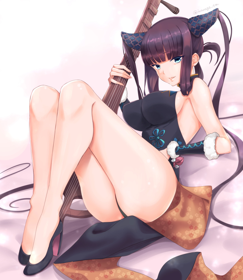 1girl ass bangs bare_shoulders black_dress black_footwear blue_eyes blunt_bangs breasts china_dress chinese_clothes detached_sleeves dress fate/grand_order fate_(series) floral_print gradient gradient_background hair_ornament high_heels highres iwanaga_tm knees_up large_breasts legs long_hair looking_at_viewer lying on_back parted_lips pipa_(instrument) purple_hair sidelocks smile solo twintails very_long_hair yang_guifei_(fate/grand_order)