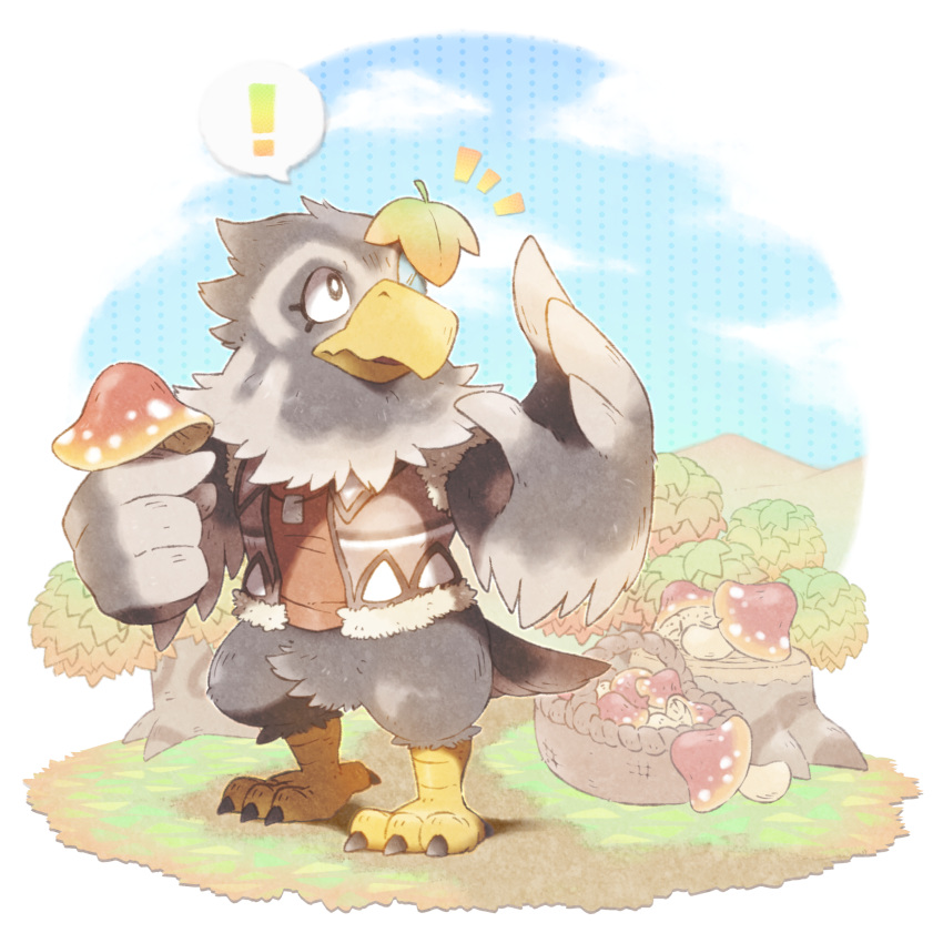 ! 1boy absurdres basket bird doubutsu_no_mori eagle feathered_wings feathers fur_trim furry grass highres igureon kusukecha_(doubutsu_no_mori) leaf maple_leaf mushroom no_humans one_eye_closed solo wings