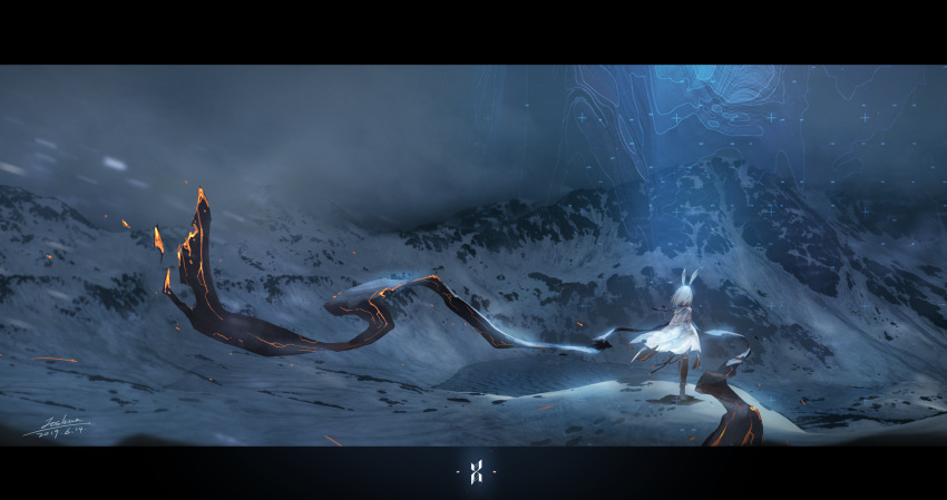 1girl absurdres animal_ears arknights back black_legwear frostnova_(arknights) highres joshua_jin long_hair mountain night outdoors scenery snow solo torn_clothes white_hair