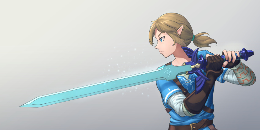 1boy bangs blonde_hair blue_eyes blue_shirt brown_gloves com34t commentary_request fingerless_gloves from_side gloves highres link long_hair male_focus master_sword pointy_ears ponytail shirt simple_background solo the_legend_of_zelda the_legend_of_zelda:_breath_of_the_wild triforce