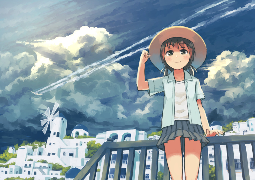 1girl absurdres against_railing arm_up black_eyes black_hair clouds cloudy_sky condensation_trail cowboy_shot greece hat highres huge_filesize ike_rakune original outdoors pleated_skirt railing santorini_(greece) scenery short_hair short_sleeves short_twintails skirt sky smile solo sun_hat twintails