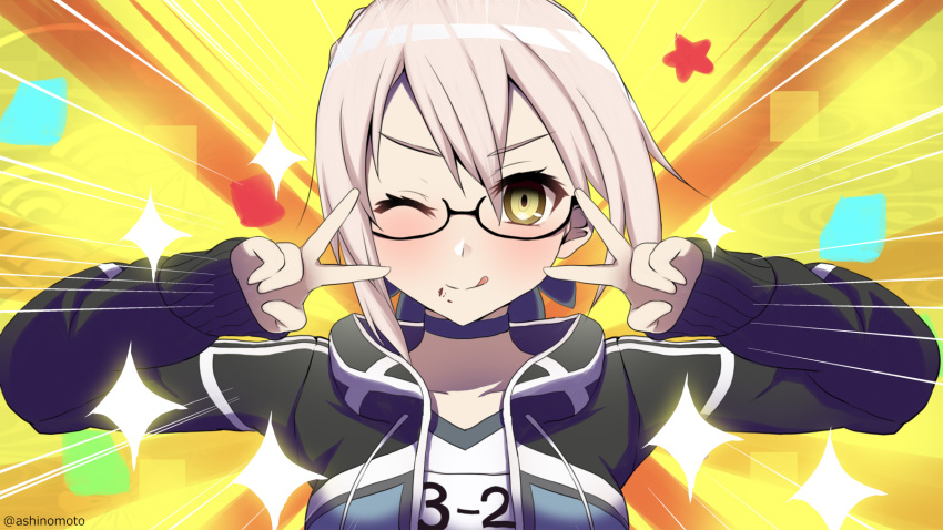 1girl artoria_pendragon_(all) ashino_moto bangs black_jacket blonde_hair blush braid breasts choker closed_mouth collarbone confetti double_v drawstring emotional_engine_-_full_drive fate/grand_order fate_(series) french_braid glasses hands_up highres hood hooded_jacket jacket licking_lips long_hair long_sleeves looking_at_viewer medium_breasts mysterious_heroine_x_(alter) parody semi-rimless_eyewear shirt smile solo sparkle star tongue tongue_out track_jacket under-rim_eyewear v white_shirt yellow_background yellow_eyes