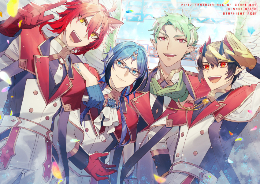 4boys :d black_horns blue_eyes blue_hair braid brown_hair fourme_d'ambert frutica_renk glasses gloves green_gloves green_hair hair_between_eyes head_fins highres holding holding_microphone idol looking_at_viewer male_focus microphone multiple_boys open_mouth outdoors pixiv_fantasia pixiv_fantasia_age_of_starlight pointy_ears red_eyes red_gloves redhead rezia rysdor_ginger smile standing uniform wurst_aoiyama yellow_eyes yellow_gloves