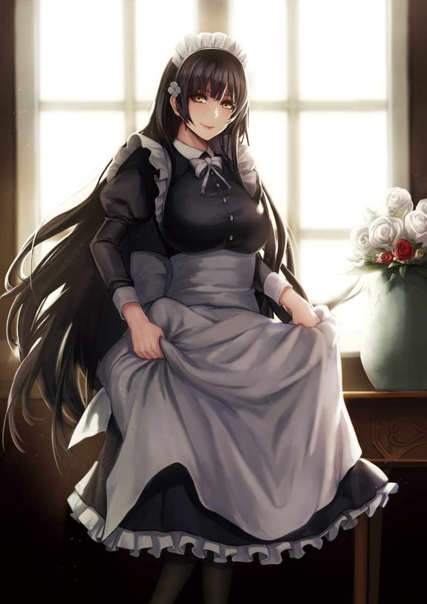 1girl :d absurdres alternate_costume apron apron_hold bangs black_hair black_legwear blush breasts closed_mouth commentary_request curtains day enmaided flower frills girls_frontline highres indoors juliet_sleeves kibellin large_breasts long_hair long_sleeves looking_at_viewer maid maid_headdress open_mouth pantyhose puffy_sleeves qbz-95_(girls_frontline) revision rose smile solo sunlight vase very_long_hair white_flower white_rose window yellow_eyes