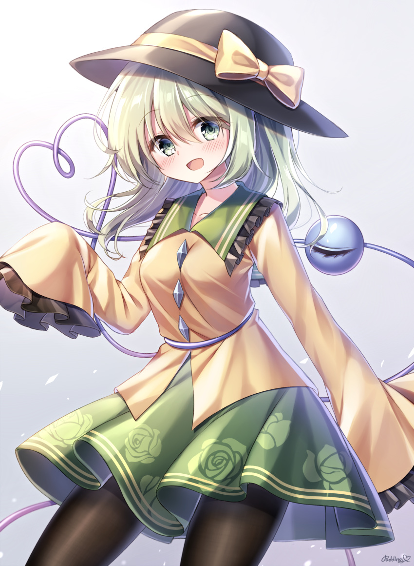 1girl absurdres artist_name black_headwear black_legwear blush bow commentary cowboy_shot floral_print frilled_sleeves frills gradient gradient_background green_eyes green_hair green_skirt hand_up hat hat_bow heart heart_of_string highres komeiji_koishi long_hair looking_at_viewer open_mouth pantyhose pudding_(skymint_028) rose_print shirt skirt sleeves_past_fingers sleeves_past_wrists solo third_eye touhou yellow_bow yellow_shirt
