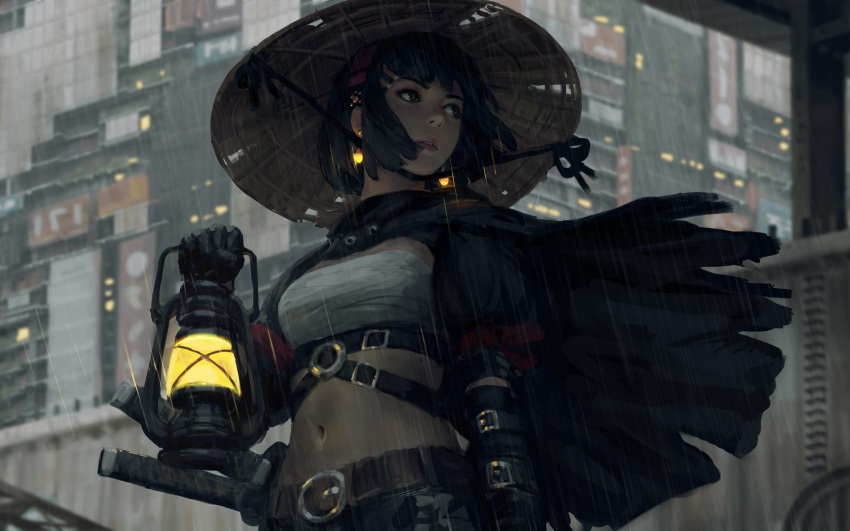 1girl absurdres bangs belt belt_buckle black_cape black_gloves black_hair blurry blurry_background breasts brown_belt brown_eyes brown_headwear buckle cape day depth_of_field earrings elbow_gloves gloves glowing guweiz hat highres holding jewelry katana lantern looking_away looking_to_the_side navel o-ring o-ring_top original outdoors parted_lips puffy_short_sleeves puffy_sleeves rain sarashi short_sleeves small_breasts solo sword upper_body weapon