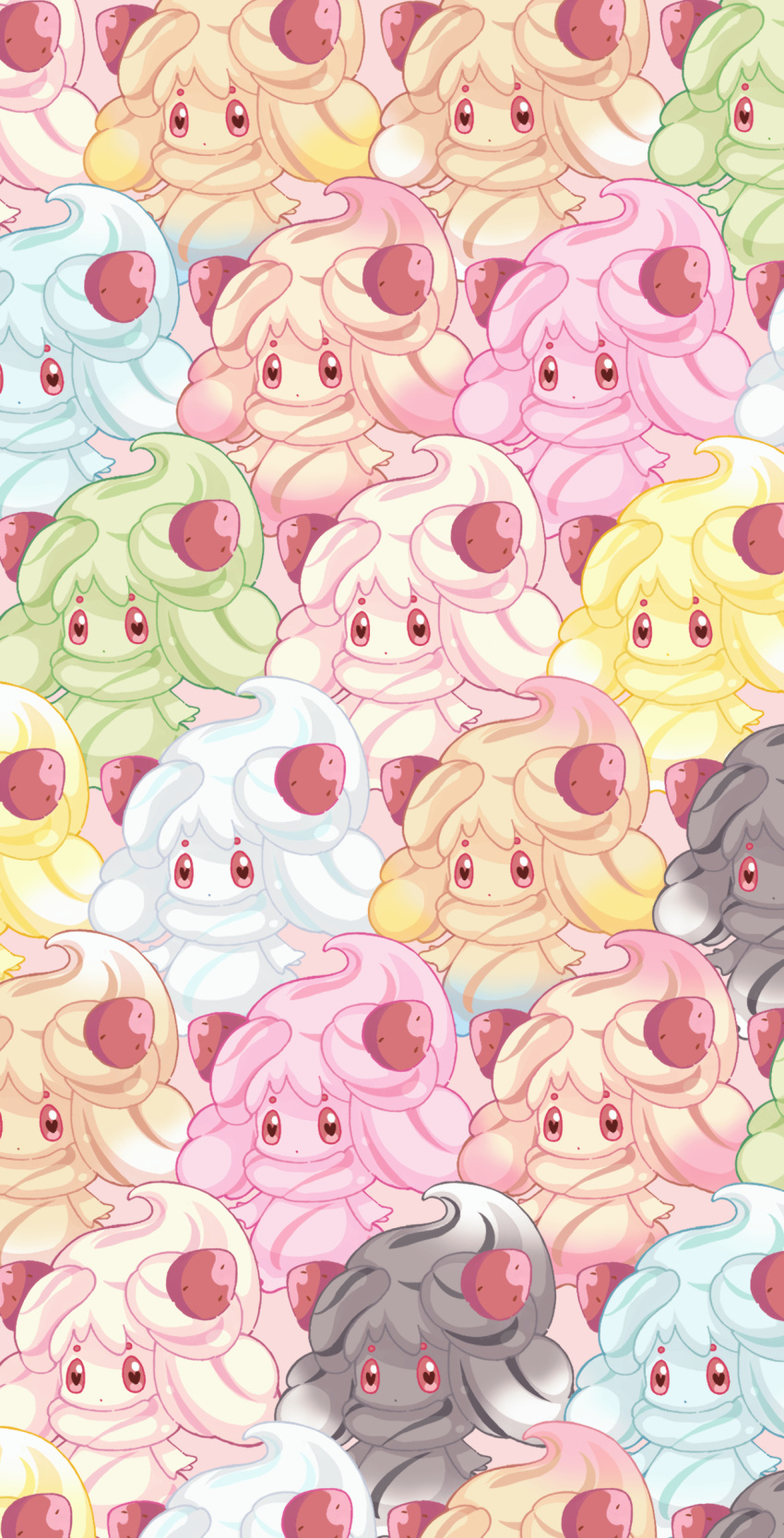 absurdres alcremie alternate_color brown_background closed_mouth commentary_request food fruit gen_8_pokemon heart heart-shaped_pupils highres looking_at_viewer no_humans pikomarie pokemon pokemon_(creature) red_eyes simple_background strawberry symbol-shaped_pupils too_many