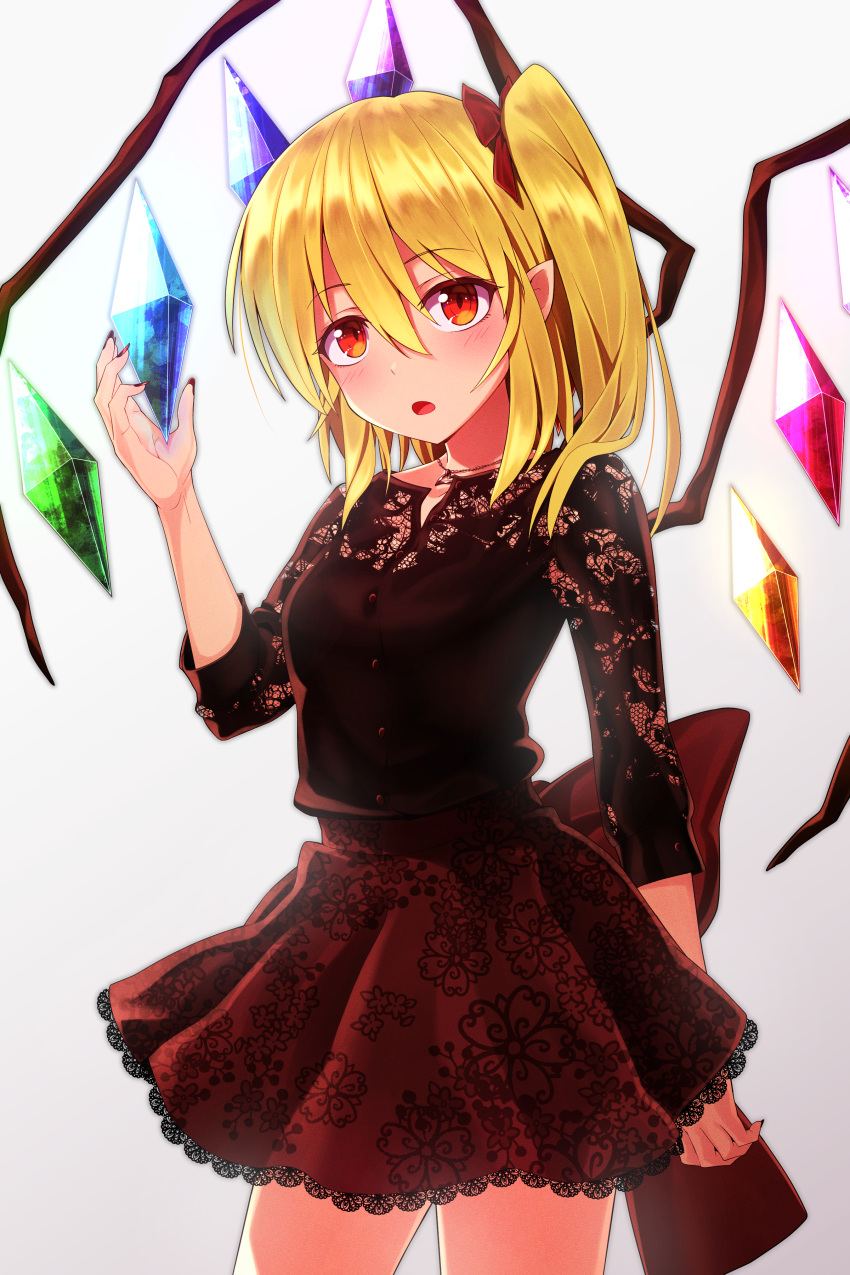 1girl absurdres alternate_costume blonde_hair blush breasts buttons commentary_request cowboy_shot fingernails flandre_scarlet greenkohgen grey_background hair_between_eyes hair_ribbon heart heart_necklace highres jewelry long_fingernails long_hair long_sleeves looking_at_viewer medium_breasts nail_polish necklace one_side_up open_mouth pointy_ears red_eyes red_nails red_ribbon red_shirt red_skirt ribbon shirt skirt solo touhou wings