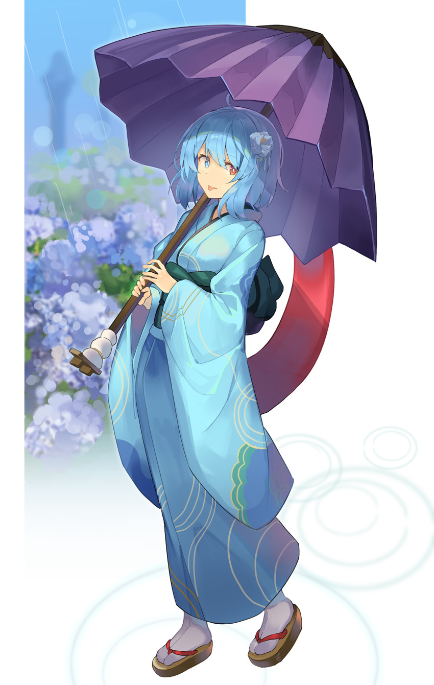 1girl :p ahoge alternate_costume bangs blue_eyes blue_flower blue_hair blue_kimono blue_rose breasts brown_footwear commentary eyebrows_visible_through_hair flower full_body hair_flower hair_ornament highres holding holding_umbrella japanese_clothes kimono long_sleeves looking_at_viewer medium_breasts purple_umbrella red_eyes rin_falcon rose sandals short_hair sidelocks smile socks solo standing tatara_kogasa tongue tongue_out touhou umbrella white_background white_legwear wide_sleeves