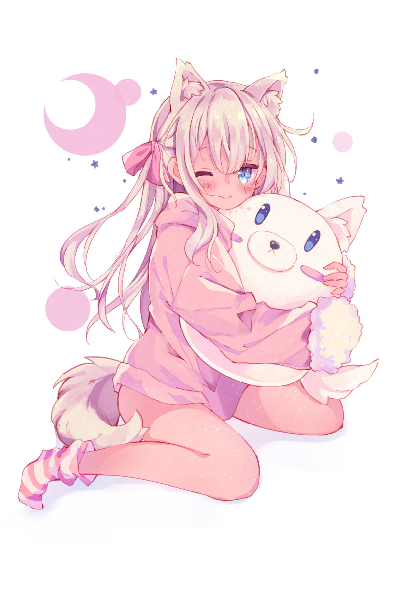 1girl ;) absurdres animal_ears blonde_hair blue_eyes closed_mouth eyebrows_visible_through_hair hair_between_eyes hair_ornament highres kantai_collection long_hair looking_at_viewer moon narumi_midori one_eye_closed pink_ribbon ribbon ro-500_(kantai_collection) sitting sleepwear smile solo striped striped_legwear tail toy wolf wolf_ears wolf_tail