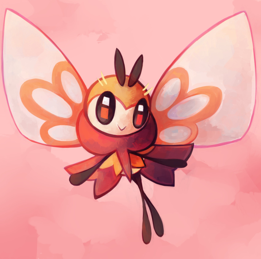 black_eyes closed_mouth commentary creature english_commentary flying full_body gen_7_pokemon highres karrybird no_humans pink_background pokemon pokemon_(creature) ribombee simple_background smile solo