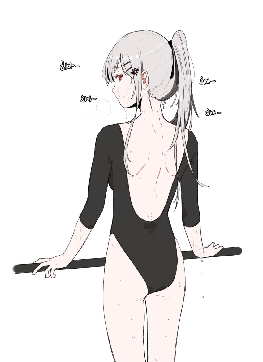 1girl ass back backless_leotard backless_outfit black_leotard breasts girls_frontline grey_hair gymnast_leotard hair_ornament hairclip highleg highleg_leotard highres huqu iws-2000_(girls_frontline) leotard long_hair looking_at_viewer ponytail red_eyes simple_background solo sweat very_long_hair