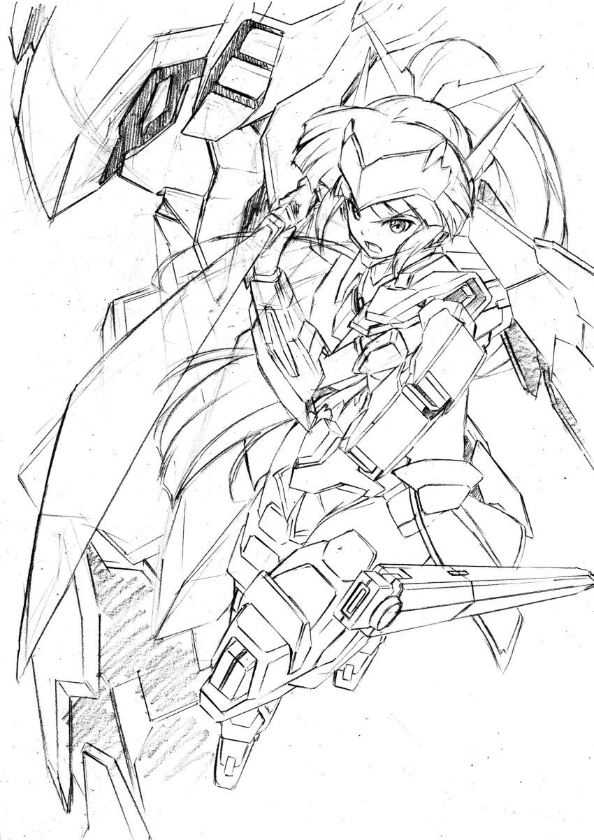 1girl commentary_request elbow_gloves full_body gloves graphite_(medium) gun headgear high_ponytail highres kumichou_(ef65-1118-ef81-95) long_hair mecha mecha_musume open_mouth original shoulder_armor sketch stance sword traditional_media very_long_hair weapon white_background