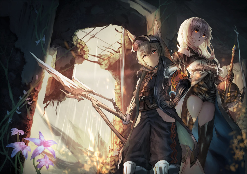 2girls animal_ears arknights black_gloves black_pants black_sleeves chaps claymore_(sword) flower gloves grani_(arknights) hair_between_eyes highres hip_vent horse_ears multiple_girls pants polearm shoulder_guard side_cutout skadi_(arknights) spear staff thigh_cutout weapon white_hair yellow_eyes