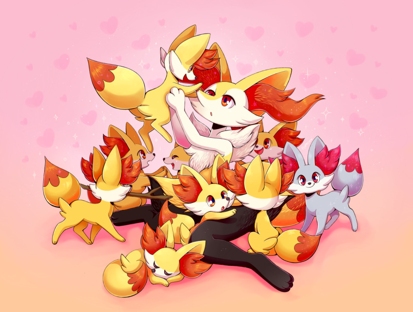 :d ^_^ alternate_color braixen closed_eyes commentary creature delphox english_commentary eye_contact fennekin flufflixx gen_6_pokemon heart heart_background holding holding_pokemon looking_at_another looking_at_viewer lying mouth_hold no_humans on_stomach open_mouth pink_background pokemon pokemon_(creature) red_eyes shiny_pokemon sitting sleeping smile stick