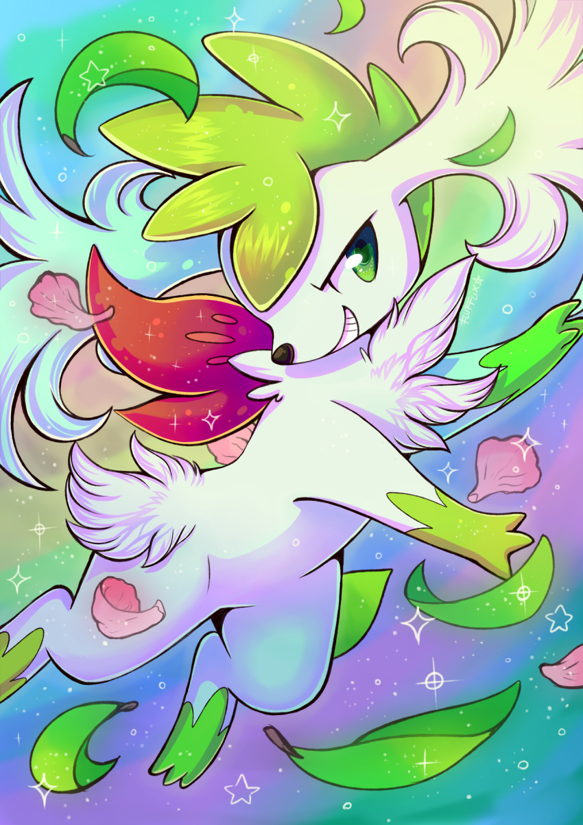 commentary creature english_commentary flufflixx flying full_body gen_4_pokemon green_eyes grin highres leaf no_humans pokemon pokemon_(creature) rainbow_background shaymin shaymin_(sky) smile solo sparkle star