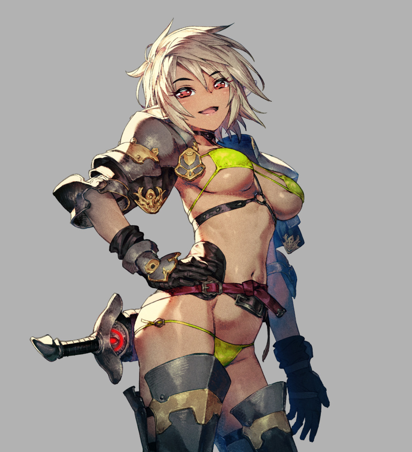 1girl armor bangs bikini bikini_armor black_gloves blonde_hair breasts cowboy_shot cozy elf gloves grey_background hand_on_hip highres large_breasts leg_armor navel open_mouth original pointy_ears red_eyes sheath sheathed short_hair shoulder_armor spaulders swimsuit sword vambraces weapon yellow_bikini