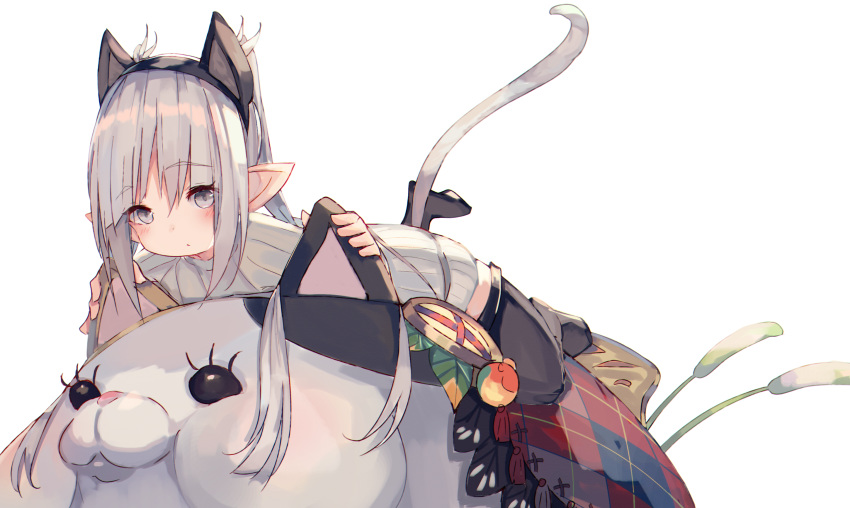 1girl animal_ears black_legwear blush cat closed_mouth eyebrows_visible_through_hair eyes_visible_through_hair fake_animal_ears fat_cat_(ff14) final_fantasy final_fantasy_xiv green_eyes grey_hair highres holding lalafell long_hair lying on_stomach pointy_ears ribbed_sweater simple_background sweater tail thigh-highs tota_(sizukurubiks) white_background white_sweater